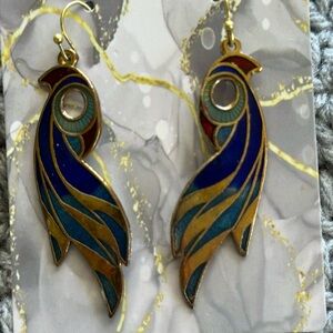 Cloisonné Earrings Abstract Bird Feathers Vintage Gold tone Enamel Blue